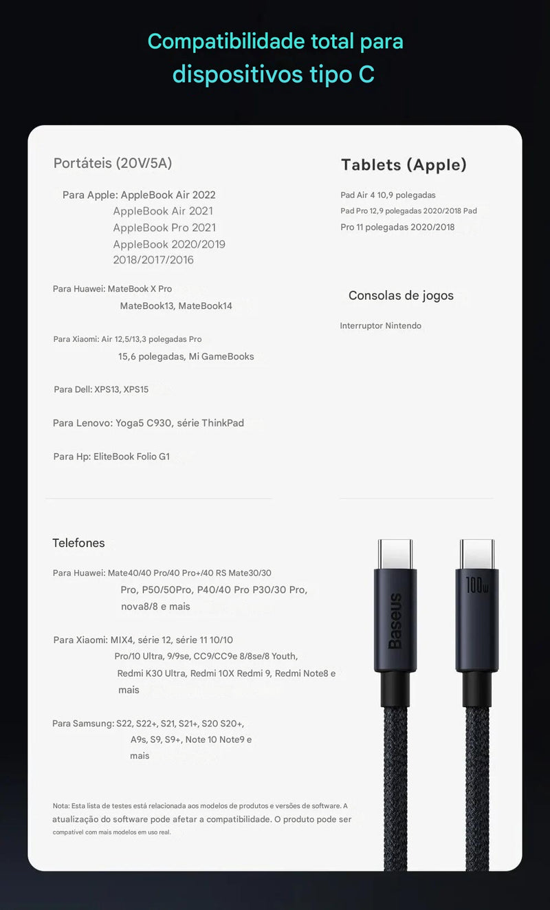 Baseus Cabo USB C para Tipo C de 100 W para iPhone 15 Plus Pro Max PD Cabo carregador de dados de carregamento rápido para Macbook Xiaomi Samsung